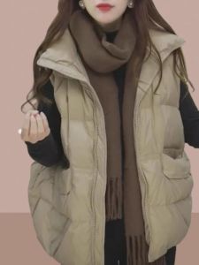 Casual Loose Womens down Cotton Vest Stand Collar Jacket Small Size Large Size Autumn Winter New Style Commute Pocket Detail