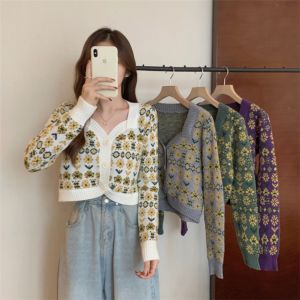 Retro Floral Short ถักเปิด คาร์ดิเกน ผู้หญิง ฤดูใบไม้ร่วง ฤดูหนาว New Square ปกเสื้อ เสื้อสเวตเตอร์ เสื้อแจ็คเก็ต ดีไซน์ Sensation เฉพาะกลุ่ม Top