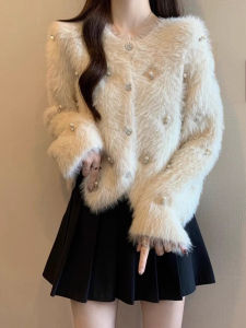 Áo Len Cardigan Dệt Kim Kiểu Pháp Thêu Ngọc Trai Cho Nữ Mùa Xuân Mới Cỡ Lớn Phong Cách Nhỏ Sang Trọng Áo Khoác Ngoài