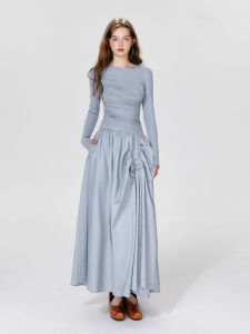 Váy Dài Tay Không Đều Cổ Tròn Xếp Ly Cao Cấp Mùa Thu Mới Thiết Kế Váy Midi Chữ a Cotton Nylon Váy Dài Màu Trơn