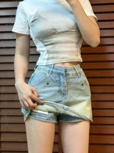 Retro American Hot Girl Denim Mini Skirt Womens Summer New High Waist Tight A-Line Bodycon Half-length Pants