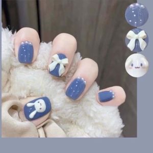 24PCS/Box Bowknot Rabbit Pattern Pearl Short Square Designer Fashion Design French Style Full Covering Pressed Fake Nails