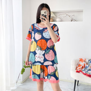 Ladies Cotton Silk Summer Loose Thin Short Sleeve Shorts Two-Piece Set plus Size Artificial Cotton Home Clothes Set