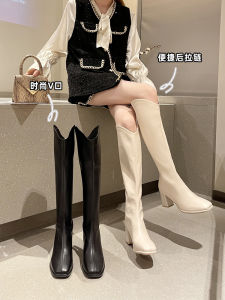 Giày Bốt Cao Cổ Màu Trắng Cho Nữ Giày Bốt Cao Đến Đầu Gối Mùa Thu Đông Giày Bốt Thời Trang PU Phong Cách Châu Âu