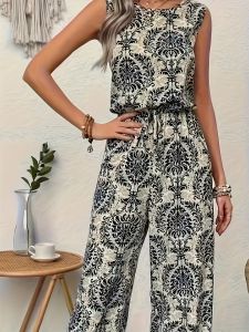 Đầm Liền Thân Nữ In Họa Tiết Thanh Lịch Thời Trang Trẻ Trung Mùa Hè Chất Liệu Polyester Mỏng Kiểu Dáng Quần Ống Rộng Jumpsuit Một Mảnh