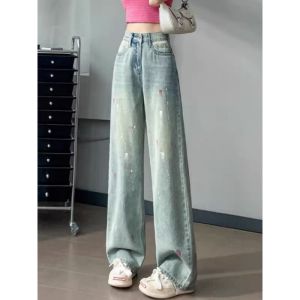 High Waist Wide Leg Denim Jeans Womens Loose Design Spattered Ink Floor-Length Straight Leg Pants Autumn 2024 New Style
