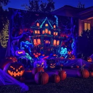 VIKAMA Neon Haunted House Ghost Pumpkin Halloween Christmas Tapestry Purple Blue Glow Spooky Mansion Skeleton Bat Dead Tree Jack
