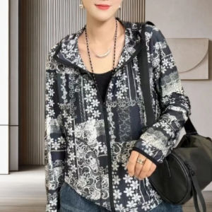 Shalldoer | Fashionable Digital Print Hooded Summer Casual Loose Womens Sun Protection Clothing Slimming Effect Plant Floral Design