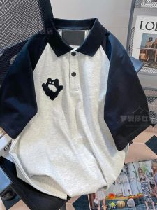 Pure Cotton Plus Size Womens Retro Spliced Color Block Shoulder Polo T-shirt Short Sleeve Summer Hong Kong Style Loose Fit Top