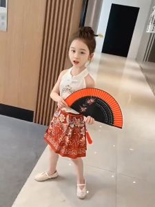 WANDER ชุดนรเด็ก 4-6 ปี กระโปรงแฟชั่น ญ การออกแบบผ้าสบาย สาวฤดูร้อน 2025 สไตล์จีนโบราณสไตล์จีนโบราณชุดก๋วยเตี๋ยวม้า Ming Hanfu สองชิ้น