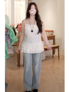 French Style White Lace Trim Strap Vest Women Spring Large Size Conceal Belly Sleeveless Underwear Layered Wear Top