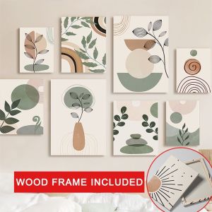 （With Frame）Bohemian Canvas Painting Green Geometric Shapes Abstract Plants Poster for Living Room Decoration Wall Art
