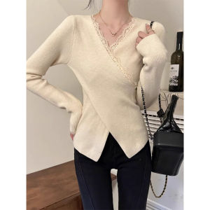 ฝรั่งเศส เรียบหรู ลูกไม้ เสื้อฐานถัก Splice ผู้หญิง สลิม คอวี เสื้อสเวตเตอร์ ฤดูใบไม้ผลิ ฤดูใบไม้ร่วง แฟชั่น ดีไซน์ สไตล์เกาหลี แขนยาว