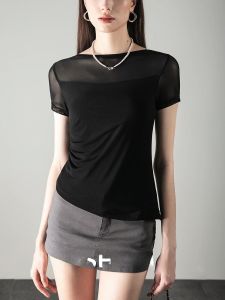 เสื้อยืดผ้าตาข่ายทรงสลิมฟิตสำหรับโยคะและฟิตเนส แขนสั้น ทรงเข้ารูป ทรงปกติ ฤดูร้อน 2024 เสื้อยืดคอกลมแขนสั้น