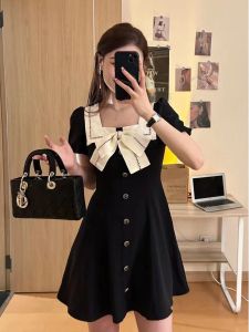 French Sweet Butterfly Knot Dress Womens Summer plus Size Waist Cinching Hepburn Style Korean Version Pear Shaped Body Skirt
