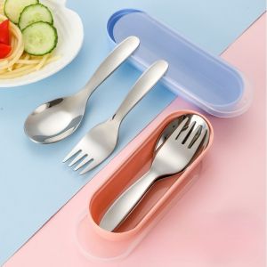 304 Stainless Steel Portable Spoon Fork Short Handle Children Student Tableware Dessert Fruit Mini with Silicone Box