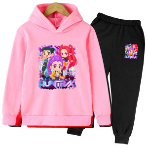New KPop Demon Hunters Cartoon Printed Girls Hoodie+Pants Two Piece Set Girls KPop Childrens Boys Hoodie Top Sweatshirt Set