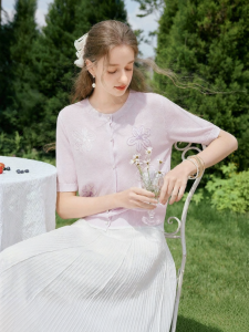 XIANGYING | Lavender Purple Short Sleeve Knit Cardigan New Summer Style Floral Embroidery Round Neck Commuter Top