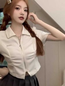 plus Size Zipper Polo Neck Short Sleeve T-Shirt Women Summer Sweet And Spicy Design Belly Covering Slimming Short Top