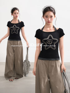 BAIDAIFEI | Halter Neck Faux Layer Short Sleeve T-shirt