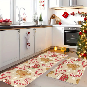 VIKAMA Gingerbread Man Candy Cane Teacup Christmas Decoration Non-slip Washable Rectangular Floor Mat Set Absorbent Soft