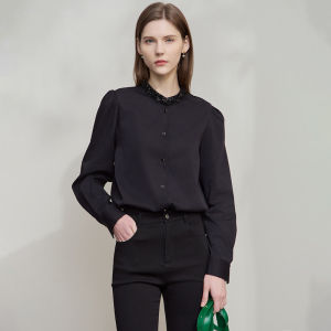 AMII | French Elegance Pearl Black Trim Blouson Sleeves Long Sleeve Shirt