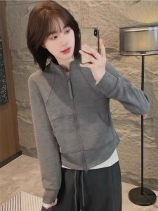Loowmane | Áo Khoác Hoodie Zip-up Màu Xám Mùa Xuân Cổ Đứng Ngắn