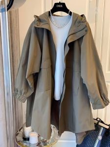Fall 2024 New Arrival Japanese Style Mid Length Long Length Trench Coat Outwear Loose Casual Cocoon Double Pocket Patchwork Hooded Women