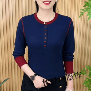 Fashionable Color Block Button round Neck Long Sleeve Womens T-shirt Spring New Style Mom Clothes Slimming Base Layer Top