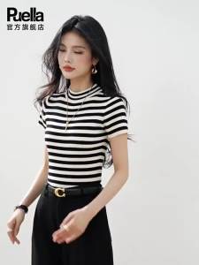 puella | Áo Thun Ngắn Tay Hàn Quốc Kiểu Sọc Ôm Body Mùa Hè