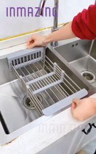 Inmazing Kitchen Sink Extendable Dish Drainer Organizer Stainless Steel Basket Vegetable Fruit Holder Storage Rack Tray