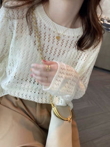 Hollow Knitted Top Womens New Style 2025 Thin Summer Autumn Loose Outerwear Silk White Long Sleeve Trendy Solid Color