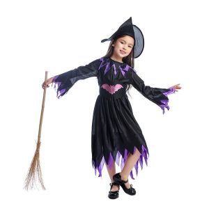 Childrens Classic Girl Halloween Costume Purple Bat Little Witch Skirt Game Outfit Set Magic Girls Traditional Stage Wear