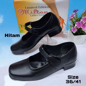 Sepatu Pantofel Hak Wanita Heels Wedges Kantor Sekolah Kerja Paskibra Hitam Putih Polos Milton LDR Tinggi 3 cm Kekinian