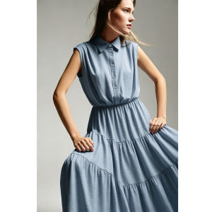AMII | Leisure Lyocell Turn-down Collar Flounced A-line Loose Fitted Dress