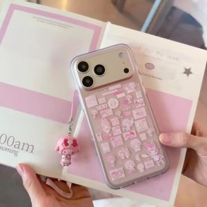 Sanrio | Pink Melody Hello Kitty Sticker Print Phone Case With 3D Pendant Transparent Shockproof Soft Cover For iPhone 15 16 17 Pro Max