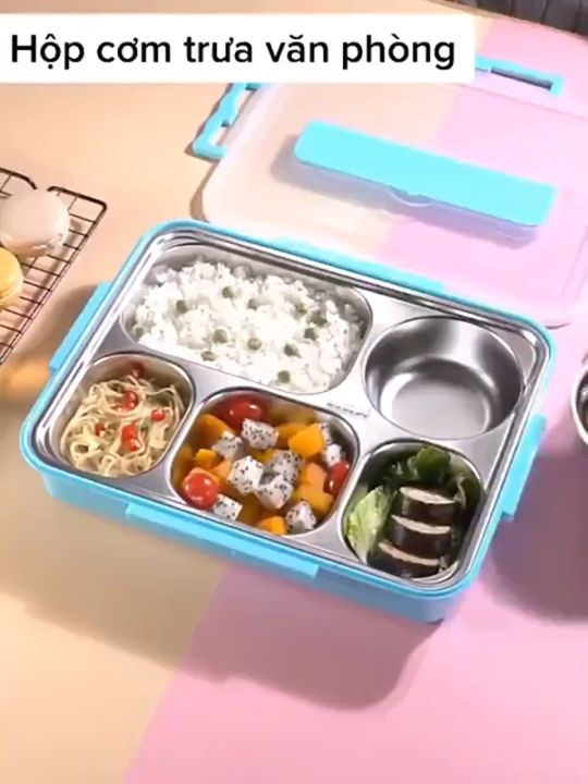 Hộp đựng cơm giữ nhiệt văn phòng 5 ngăn inox 304 có quai xách Tặng ...