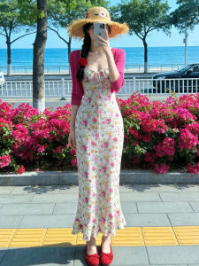 PEIZIXUAN | French Style Pink Strap Floral Long Dress