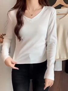ELMORA | BJ1680 Baju Wanita Lengan Panjang Kaos Polos Fashion Wanita Korea Spandek Leher Kerah V