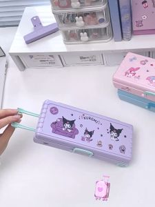 I Stationery กล่องดินสอ Sanrio Kuromi สองชั้น การออกแบบรูปทรงกรณีรถเข็น กล่องดินสอเท่ๆ ความจุขนาดใหญ่ กล่องดินสออเนกประสงค์