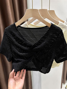 Black Lace Ice Silk Knitted Short Sleeve Womens Top with Strap Dress Korean Style Slim Fit V Neck Hollow out Design Summer Fashion