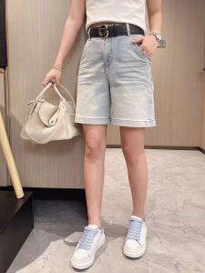 กางเกงขาสั้นทรงตรงเอวสูงไซส์ใหญ่สำหรับผู้หญิง กางเกงยีนส์ทรงขาบานสี่ส่วน กางเกงขายาวทรงตรงสำหรับฤดูร้อน 2025