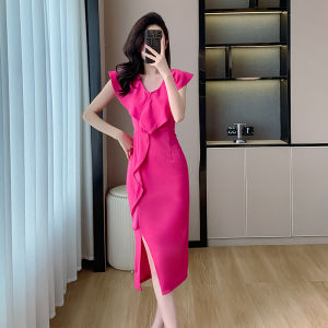 Impression Fashion Women's Elegant Flare V-neck Sleeveless Tunic High Waist Bodycon Long Slit Dress