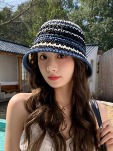 Womens Knitted Bucket Hat Spring Autumn Casual Large Brim Fishing Cap Stylish Shopping Outing Small Face Effect Hat