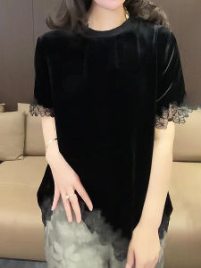 เสื้อยืดคอตั้งแขนสั้นผ้ากำมะหยี่สีดำ ทรงหลวม ทรงเข้ารูป สำหรับผู้หญิง ฤดูร้อน 2025 แบรนด์ดัง คอลเลกชั่นใหม่ คอลเลกชั่นไฮเอนด์