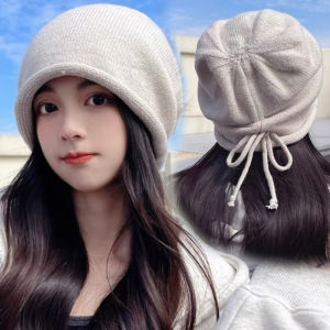 Fashion Drawstring Baggy Slouchy Beanie for Women Autumn Winter Ear Warm Skullies Cap Solid Color Bonnet Girl Kintted Woolen Hat