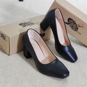[JY] Summer fashion square toe black leather 2 inch high heels womens shoes
