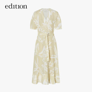 Edition Womens Summer New French Style Bubble Sleeve Waist Cinched Floral Print Long Dress V Neck Short Sleeve Maxi Dress