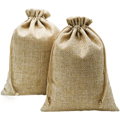 5/10 Pcs Wedding Candy Linen Jute Bags with Drawstring Christmas Party Gifts Package Burlap Pouches 10x14/15x20/20x30cm