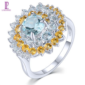 Lohaspie Jewelry Genuine 2.8 Carats 925 Sterling Silver Rings Natural Sky Blue Topaz Citrine Ring 925 Silver Engagement Ring Silver Ring 925 Original For Women Jewelry